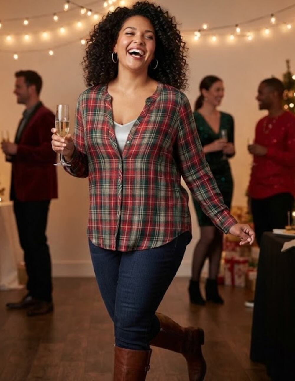 J.Jill Christmas Multicolor Plaid V-Neck Long Sleeve Blouse Top Size XL EUC